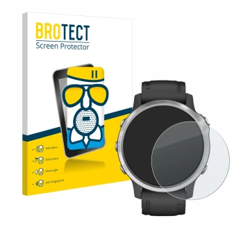 Parte frontale di una confezione del prodotto con il logo del marchio BROTECT. Accanto è raffigurato il dispositivo Garmin Fen