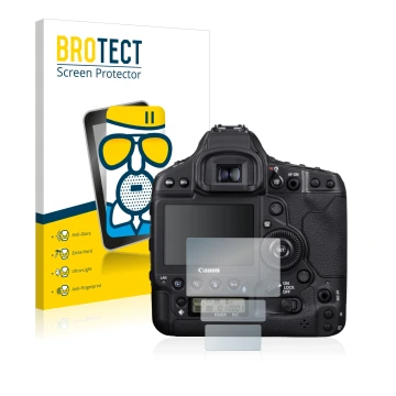 Parte frontale di una confezione del prodotto con il logo del marchio BROTECT. Accanto è raffigurato il dispositivo Canon EOS 