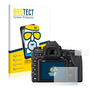 Parte frontale di una confezione del prodotto con il logo del marchio BROTECT. Accanto è raffigurato il dispositivo Nikon D780