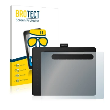 Parte frontale di una confezione del prodotto con il logo del marchio BROTECT. Accanto è raffigurato il dispositivo Wacom Intu