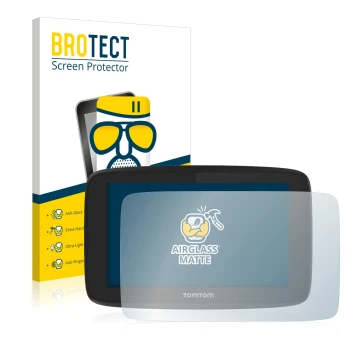 Parte frontale di una confezione del prodotto con il logo del marchio BROTECT. Accanto è raffigurato il dispositivo TomTom Go 