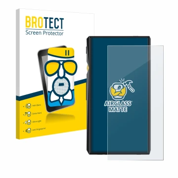 Parte frontale di una confezione del prodotto con il logo del marchio BROTECT. Accanto è raffigurato il dispositivo FiiO M11 P