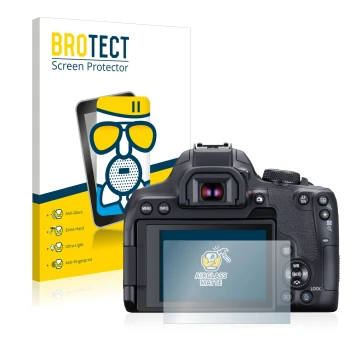 Parte frontale di una confezione del prodotto con il logo del marchio BROTECT. Accanto è raffigurato il dispositivo Canon EOS 