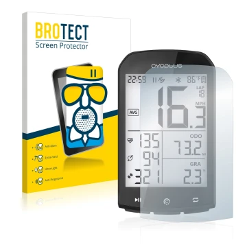 Parte frontale di una confezione del prodotto con il logo del marchio BROTECT. Accanto è raffigurato il dispositivo Cycplus M1