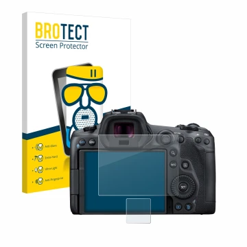 Parte frontale di una confezione del prodotto con il logo del marchio BROTECT. Accanto è raffigurato il dispositivo Canon EOS 