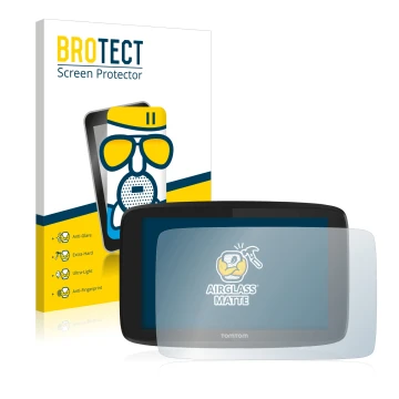 Parte frontale di una confezione del prodotto con il logo del marchio BROTECT. Accanto è raffigurato il dispositivo TomTom Go 