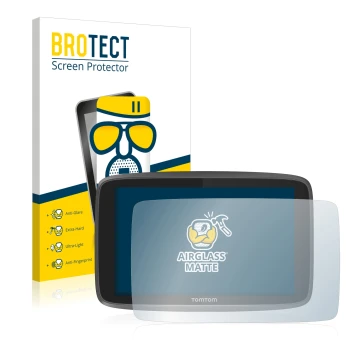 Parte frontale di una confezione del prodotto con il logo del marchio BROTECT. Accanto è raffigurato il dispositivo TomTom Go 