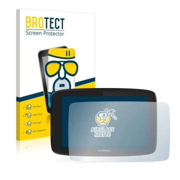 Parte frontale di una confezione del prodotto con il logo del marchio BROTECT. Accanto è raffigurato il dispositivo TomTom Go 