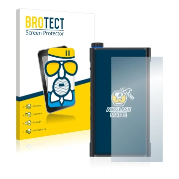 Parte frontale di una confezione del prodotto con il logo del marchio BROTECT. Accanto è raffigurato il dispositivo FiiO M15 c