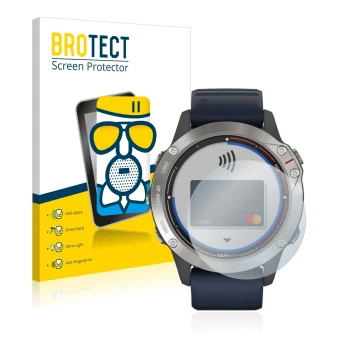 Parte frontale di una confezione del prodotto con il logo del marchio BROTECT. Accanto è raffigurato il dispositivo Garmin qua
