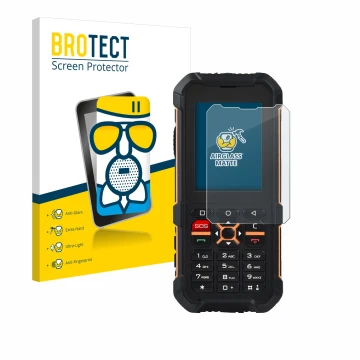 Parte frontale di una confezione del prodotto con il logo del marchio BROTECT. Accanto è raffigurato il dispositivo RugGear RG