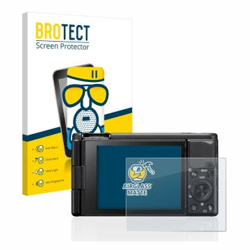 Parte frontale di una confezione del prodotto con il logo del marchio BROTECT. Accanto è raffigurato il dispositivo Sony ZV-1 