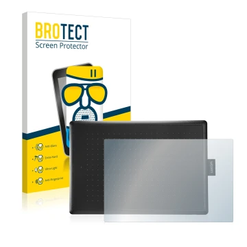 Parte frontale di una confezione del prodotto con il logo del marchio BROTECT. Accanto è raffigurato il dispositivo Wacom One 