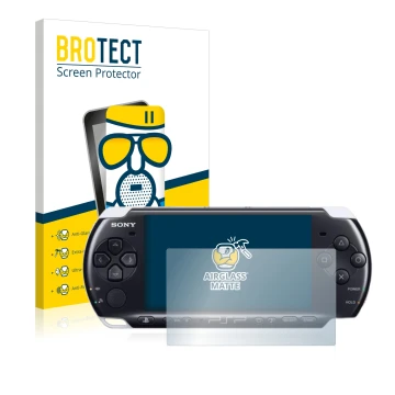 Parte frontale di una confezione del prodotto con il logo del marchio BROTECT. Accanto è raffigurato il dispositivo Sony PSP 3
