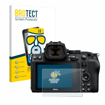 Parte frontale di una confezione del prodotto con il logo del marchio BROTECT. Accanto è raffigurato il dispositivo Nikon Z 5 