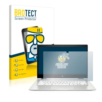 Parte frontale di una confezione del prodotto con il logo del marchio BROTECT. Accanto è raffigurato il dispositivo HP Chromeb