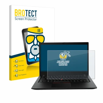 Parte frontale di una confezione del prodotto con il logo del marchio BROTECT. Accanto è raffigurato il dispositivo Lenovo Thi