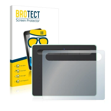 Parte frontale di una confezione del prodotto con il logo del marchio BROTECT. Accanto è raffigurato il dispositivo Wacom Intu