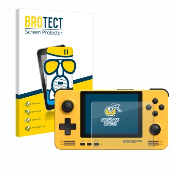 Parte frontale di una confezione del prodotto con il logo del marchio BROTECT. Accanto è raffigurato il dispositivo Retroid Po