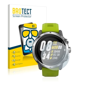 Parte frontale di una confezione del prodotto con il logo del marchio BROTECT. Accanto è raffigurato il dispositivo Coros Apex