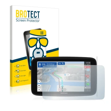 Parte frontale di una confezione del prodotto con il logo del marchio BROTECT. Accanto è raffigurato il dispositivo TomTom GO 