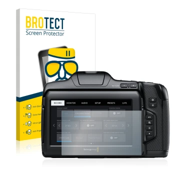 Parte frontale di una confezione del prodotto con il logo del marchio BROTECT. Accanto è raffigurato il dispositivo Blackmagic