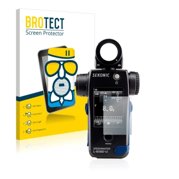 Parte frontale di una confezione del prodotto con il logo del marchio BROTECT. Accanto è raffigurato il dispositivo Sekonic L8