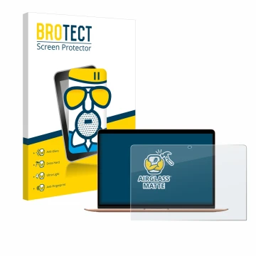 Parte frontale di una confezione del prodotto con il logo del marchio BROTECT. Accanto è raffigurato il dispositivo Apple MacB