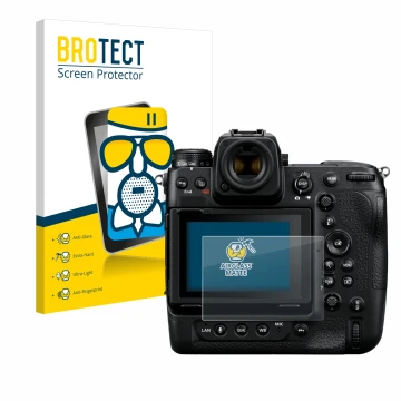Parte frontale di una confezione del prodotto con il logo del marchio BROTECT. Accanto è raffigurato il dispositivo Nikon Z 9 