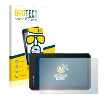 Parte frontale di una confezione del prodotto con il logo del marchio BROTECT. Accanto è raffigurato il dispositivo Garmin Tre