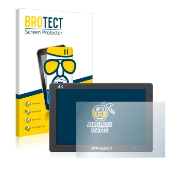 Parte frontale di una confezione del prodotto con il logo del marchio BROTECT. Accanto è raffigurato il dispositivo Feelworld 