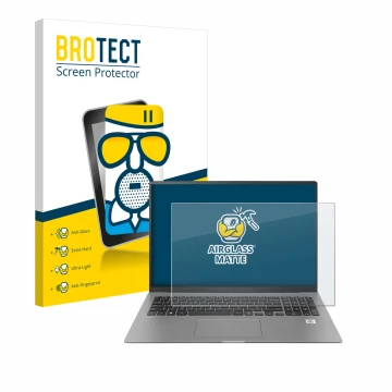 Parte frontale di una confezione del prodotto con il logo del marchio BROTECT. Accanto è raffigurato il dispositivo LG gram 17