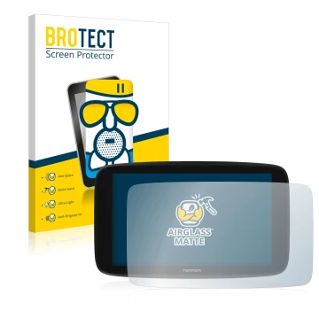 Parte frontale di una confezione del prodotto con il logo del marchio BROTECT. Accanto è raffigurato il dispositivo TomTom Go 