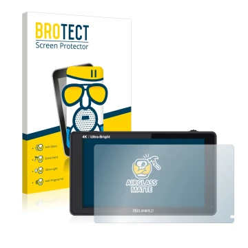 Parte frontale di una confezione del prodotto con il logo del marchio BROTECT. Accanto è raffigurato il dispositivo Feelworld 