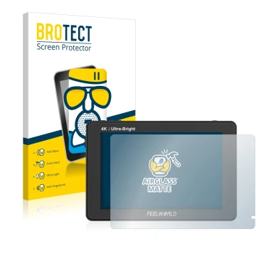 Parte frontale di una confezione del prodotto con il logo del marchio BROTECT. Accanto è raffigurato il dispositivo Feelworld 