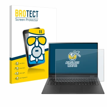 Parte frontale di una confezione del prodotto con il logo del marchio BROTECT. Accanto è raffigurato il dispositivo LG gram 16