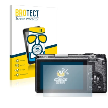 Parte frontale di una confezione del prodotto con il logo del marchio BROTECT. Accanto è raffigurato il dispositivo Ricoh GR I