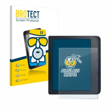 Parte frontale di una confezione del prodotto con il logo del marchio BROTECT. Accanto è raffigurato il dispositivo Kobo Libra