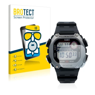 Parte frontale di una confezione del prodotto con il logo del marchio BROTECT. Accanto è raffigurato il dispositivo Casio DW-2