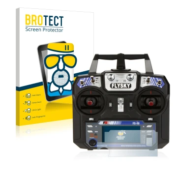 Parte frontale di una confezione del prodotto con il logo del marchio BROTECT. Accanto è raffigurato il dispositivo FlySky FS-