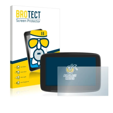 Parte frontale di una confezione del prodotto con il logo del marchio BROTECT. Accanto è raffigurato il dispositivo TomTom GO 