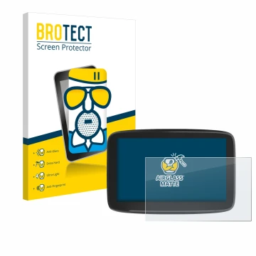 Parte frontale di una confezione del prodotto con il logo del marchio BROTECT. Accanto è raffigurato il dispositivo TomTom GO 