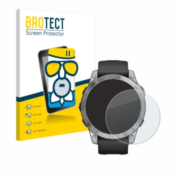 Parte frontale di una confezione del prodotto con il logo del marchio BROTECT. Accanto è raffigurato il dispositivo Garmin Fen