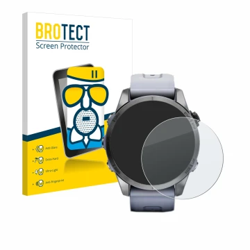 Parte frontale di una confezione del prodotto con il logo del marchio BROTECT. Accanto è raffigurato il dispositivo Garmin Fen