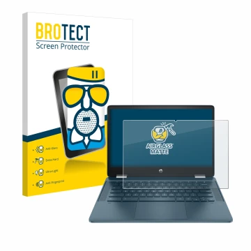 Parte frontale di una confezione del prodotto con il logo del marchio BROTECT. Accanto è raffigurato il dispositivo HP Chromeb