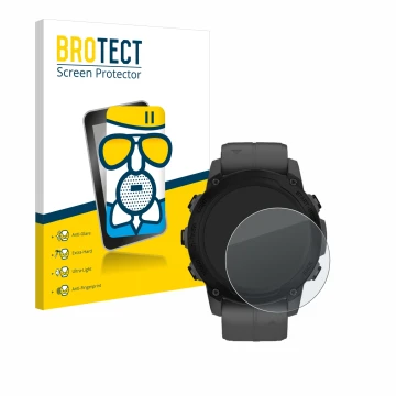 Parte frontale di una confezione del prodotto con il logo del marchio BROTECT. Accanto è raffigurato il dispositivo Garmin Des