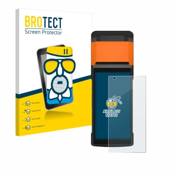 Parte frontale di una confezione del prodotto con il logo del marchio BROTECT. Accanto è raffigurato il dispositivo Sunmi V2s 