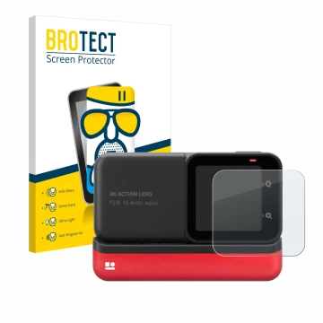 Parte frontale di una confezione del prodotto con il logo del marchio BROTECT. Accanto è raffigurato il dispositivo Insta360 O