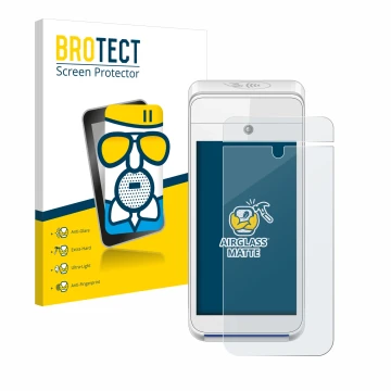 Parte frontale di una confezione del prodotto con il logo del marchio BROTECT. Accanto è raffigurato il dispositivo Pax A920 c