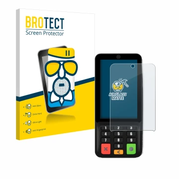 Parte frontale di una confezione del prodotto con il logo del marchio BROTECT. Accanto è raffigurato il dispositivo Pax A35 co